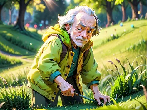 old man yellow clothes,cartoon,cutting grass,gardener,game illustration,dad grass,farmer in the woods,elderly man,green grass,green wheat,trembling grass,geppetto,chives field,lawn,grass,farmer,work i