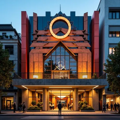 Vibrant theater facade, constructivist architecture, geometric shapes, bold colors, abstract patterns, metallic materials, industrial textures, dramatic lighting, spotlights, grand entrance, ornate de