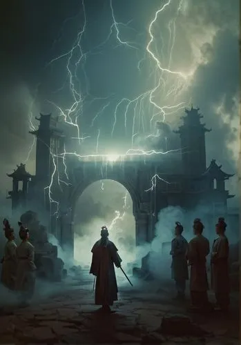 the storm of the invasion,fantasy picture,monks,sci fiction illustration,thunderclouds,buddhists monks,game illustration,prejmer,thunderheads,forbidden palace,storm troops,thunderstorm,hangman's bridge,pilgrimage,mystery book cover,ancient city,the ruins of the,necropolis,dragon bridge,fantasy art