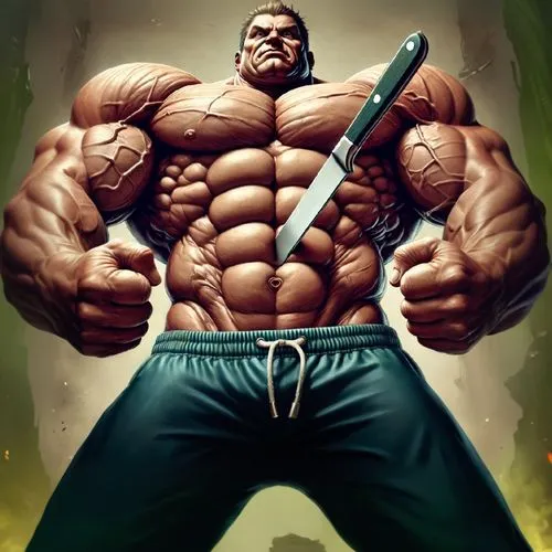 A picture of big abs muscles with a knife in between but unmoved. Invincible!,pudzianowski,baki,hulk,hulking,bulmahn,bufferin