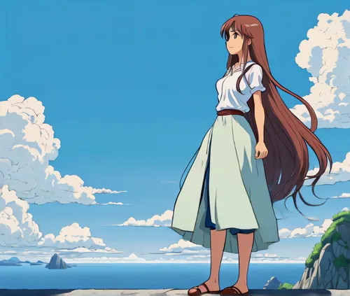 a long hair girl stand on the top of maintain,relax , Miyazaki Hayao comic style ,asuka langley soryu,studio ghibli,hiyayakko,background image,sakura background,anime japanese clothing,skipper (butter