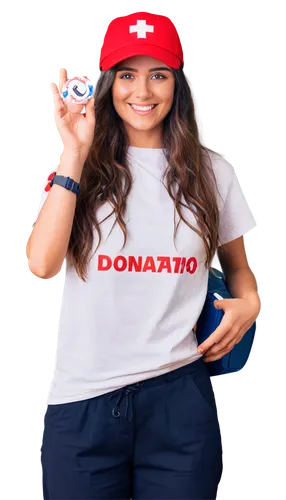 Young adult, volunteer, casual wear, smile, bright eyes, messy hair, baseball cap, red cross emblem on shirt, holding a donation box, standing with crossed legs, warm sunlight, soft focus, 3/4 composi