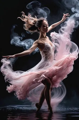 (masterpiece), best quality,Photographic realistic 16k , ultra detailed, photograph of a female creative  dancer in white smoke spiral in a black reflective waters, pale pink  lace satin silky flowing