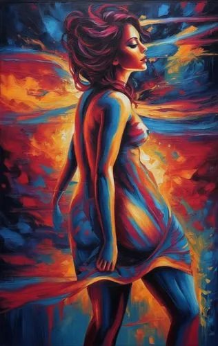 Passion Sexy Painting ,Naked Woman  Abstract Body Art Oil Painting,painting of a woman in a red dress and dark blue background,neon body painting,bodypainting,oil painting on canvas,bodypaint,body pai