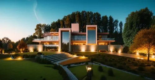 glass bricks natural stone concrete  garden trees wood park landscape sunlight blue sky night view Spotlights night view summer manoir villa people,a beautiful house is illuminated up at night,chaklal