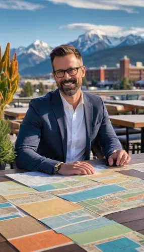 Male, architect, mature, (35yo), short hair, glasses, facial stubble, casual blazer, white shirt, dark jeans, brown leather shoes, holding blueprints, standing, Bozeman cityscape, modern building, Mon