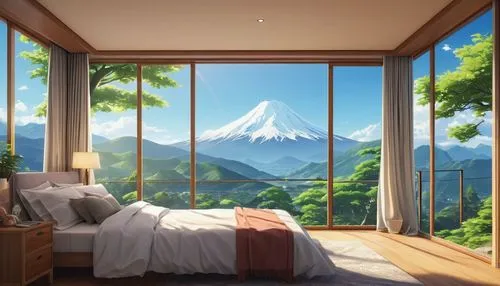 japanese-style room,bedroom window,studio ghibli,mountain sunrise,mountain scene,boy's room picture,sky apartment,big window,sleeping room,bedroom,mountain view,japanese mountains,window view,japanese background,window to the world,morning light,guest room,scenery,mountain,wood window,Photography,General,Realistic