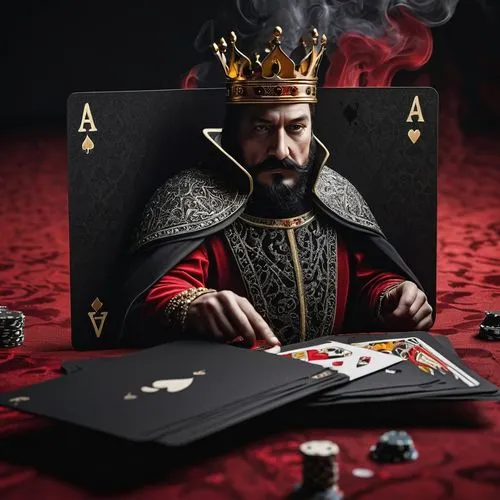 Create a hyperdetailed photorealistic macro image of a king of spade playing card lying on a card table. The king is composed entirely of multiple tiny spades. He looks contemporary, old, and royalist