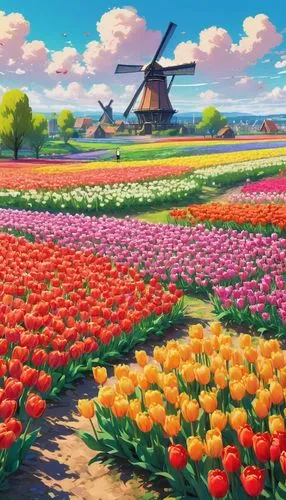 A field of vibrant tulips in various colors, stretching towards a picturesque Dutch windmill in the distance, impressionist style.,the windmill is surrounded by many rows of colorful flowers,tulip fie