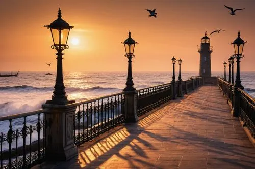 donostia,brighton,seafront,amanecer,brighton pier,boardwalk,the pier,biarritz,venice,guiding light,viña del mar,hove,cromer pier,walkway,goldenlight,the road to the sea,gijon,street lamps,seawall,farol,Illustration,Retro,Retro 02