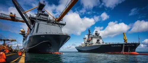 Modern naval architecture, marine engineering, futuristic warship, sleek hull, advanced radar system, missile launchers, propellers, rudders, anchor chains, dockyard crane, industrial pipes, metallic 