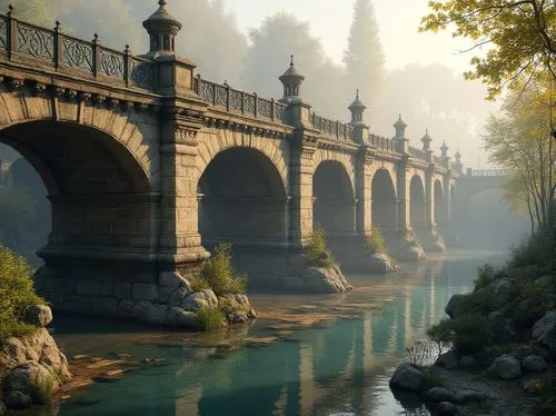 Historic stone bridges, ornate metal railings, grand arches, majestic pillars, intricate stonework, rustic wooden planks, scenic riverbanks, lush greenery, vibrant flowers, misty morning, soft warm li