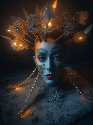 a woman is dressed in gold and blue with feathers,venetian mask,headpiece,masquerade,headdress,fantasy portrait,naiad,Photography,General,Fantasy