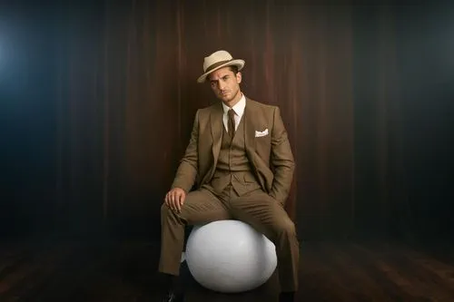 Bald adult male, Classy,  8K resolution, exstreme detail,  particle effects, depth, Album Cover,,bowler hat,bellboy,a wax dummy,silver balls,men's suit,the ball,bowler,juggler,juggling,top hat,concept