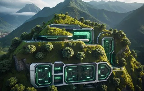 futuristic landscape,yavin,ecotopia,terraforming,terraformed,skylands,virtual landscape,green valley,mountain station,habitats,hodas,green train,terrapass,elves flight,mountainous landscape,mountain settlement,mountain world,mountain huts,holodeck,cableway,Photography,General,Sci-Fi