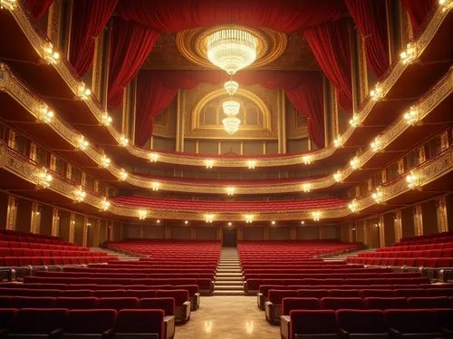 Luxurious opera house interior, grandiose chandeliers, velvet curtains, golden accents, marble floors, sleek modernist architecture, streamlined curves, minimalist decorations, avant-garde lighting fi