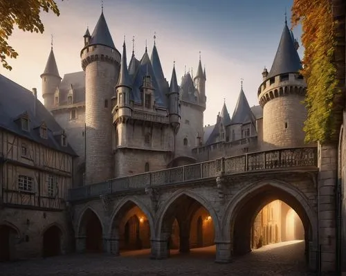 Medieval French castle, grandeur, intricate stonework, Gothic arches, ribbed vaults, stained glass windows, ornate carvings, towers, turrets, battlements, moat, drawbridge, cobblestone streets, old to