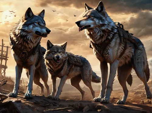 wolves,wolf pack,huskies,german shepards,three dogs,hunting dogs,canines,two wolves,wolfdog,werewolves,king shepherd,wolf hunting,raging dogs,saarloos wolfdog,stray dogs,canis lupus,canidae,howling wolf,ancient dog breeds,street dogs,Conceptual Art,Fantasy,Fantasy 27