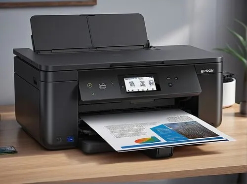 Epson XP 4200, modern office desk, sleek design, compact size, glossy black body, silver accents, USB port, paper output tray, ink cartridges, buttons and LCD screen, morning light, soft shadows, shal