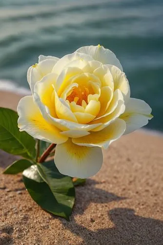 a yellow and white flower on a beach,yellow rose background,gold yellow rose,yellow rose,yellow orange rose,white rose,gold medal rose,Photography,General,Realistic