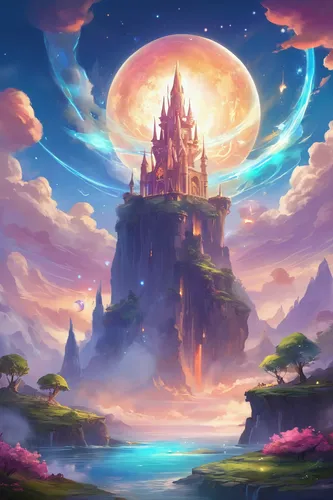 Design a video game where players embark on a quest to find the legendary Mana-sama and restore balance to the realm.,fantasy landscape,fantasy picture,fairy tale castle,fantasy world,knight's castle,