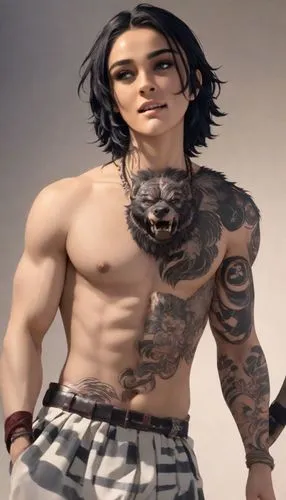 潛在太空船,young man with a wolf head tattoo, pants and white shirt,bisignani,colyandro,bani,male elf,nudelman,forsworn