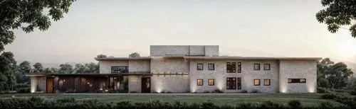 render the elevation as per the reference image add trees i background,the front view of the large white building with its lights on,chaklala,model house,3d rendering,residential house,kokernag,rafiab