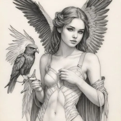 harpy,vintage angel,viveros,seraphim,angel line art,harpies,Illustration,Black and White,Black and White 30