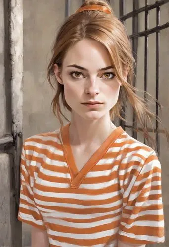 clementine,orange,girl in t-shirt,portrait background,striped background,rose png,polo shirt,horizontal stripes,cinnamon girl,portrait of a girl,world digital painting,orange color,aperol,prisoner,lori,digital painting,clary,young woman,david bates,tee,Digital Art,Character Design