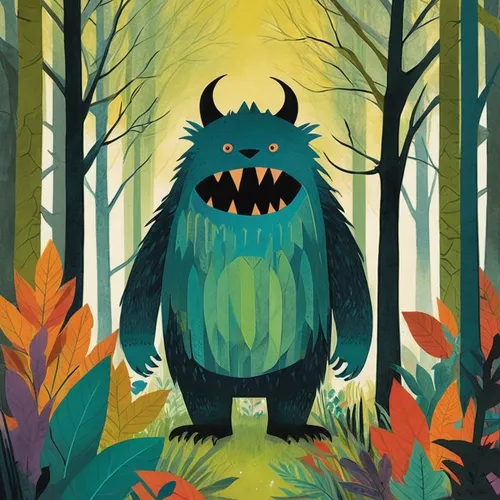 A monster is in the forest，by Keith Negley,forest animal,woodland animals,forest animals,my neighbor totoro,forest dragon,halloween illustration,halloween vector character,bulbasaur,haunted forest,for