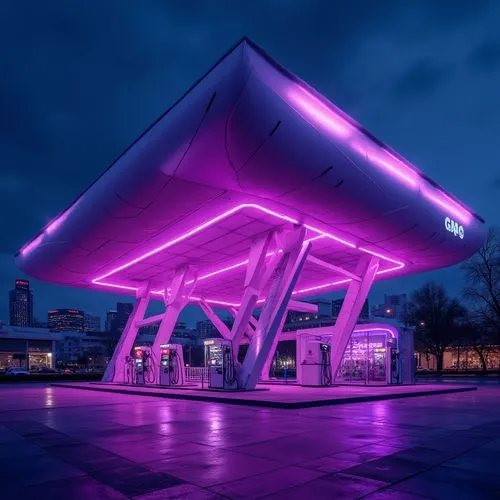 electric gas station,e-gas station,forecourts,gas station,forecourt,futuristic art museum,mvrdv,filling station,yotel,statoilhydro,ecomstation,petrol pump,kiosk,statoil,eindhoven,bus station,futuristic architecture,bus shelters,newsstand,purple,Photography,General,Realistic