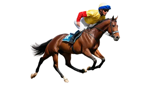 Horse racing, male jockey, dynamic pose, horse galloping, detailed horse fur, shiny horse body, realistic muscles, bright colors, sunglasses, helmet, racing uniform, number tag on back, whip in hand, 