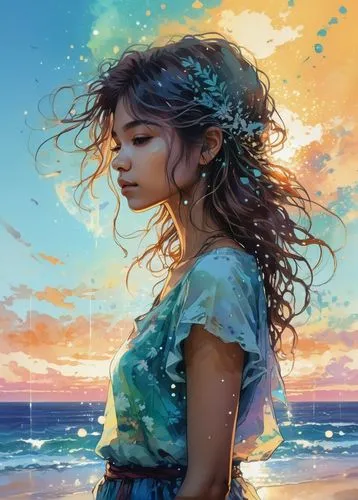 moana,ocean,the wind from the sea,sea breeze,by the sea,digital painting,sea,world digital painting,sea beach-marigold,beach background,sun and sea,fantasy portrait,digital art,digital illustration,little girl in wind,rosa ' amber cover,sea-shore,ocean background,boho art,girl on the dune,Illustration,Paper based,Paper Based 13