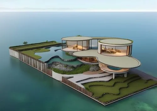 seasteading,floating islands,floating island,artificial islands,house with lake,3d rendering,Photography,General,Realistic