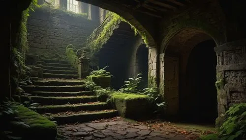 abandoned places,stone stairway,winding steps,abandoned place,stone stairs,doorways,ruins,castle ruins,hall of the fallen,passageways,moss landscape,passageway,alcove,labyrinthian,ruin,witch's house,dandelion hall,the threshold of the house,crypts,lost place,Art,Classical Oil Painting,Classical Oil Painting 06