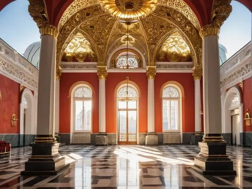 Grand, majestic Soviet Union architecture, monumental building, Moscow Kremlin, red star on top, golden domes, intricate stone carvings, grand staircase, high ceilings, ornate chandeliers, marble floo