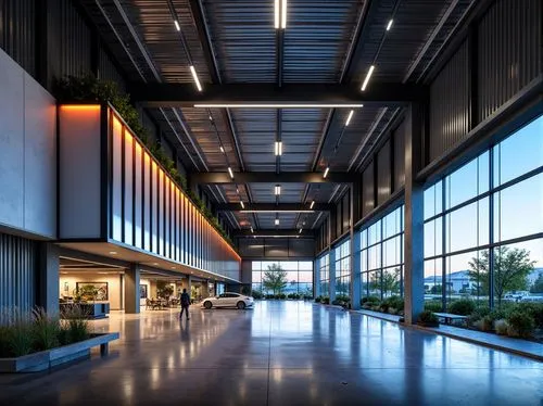 Industrial distribution center, fusion architecture, modern warehouse, sleek metal fa\u00e7ade, angular lines, minimalist design, vibrant color accents, LED lighting, cantilevered rooflines, exposed d