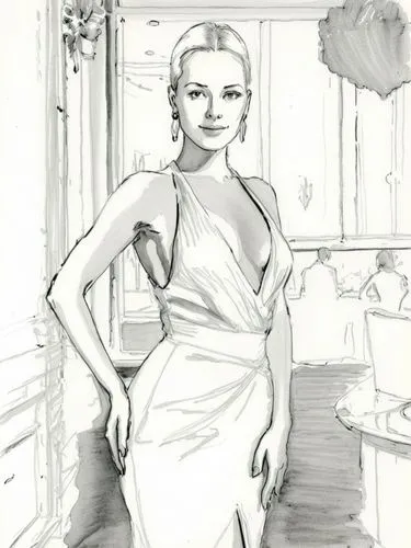 simple drawing of a woman with blonde hair in a dress near a window,this is a drawing of a woman in a white dress,siriano,art deco woman,fashion sketch,evening dress,spearritt,halston,Photography,Blac