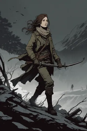 huntress,scythe,the wanderer,swath,joan of arc,bran,swordswoman,katniss,lost in war,gamekeeper,girl with gun,heroic fantasy,wanderer,lone warrior,ranger,girl with a gun,mountaineer,mountain guide,game illustration,female warrior,Illustration,Black and White,Black and White 02