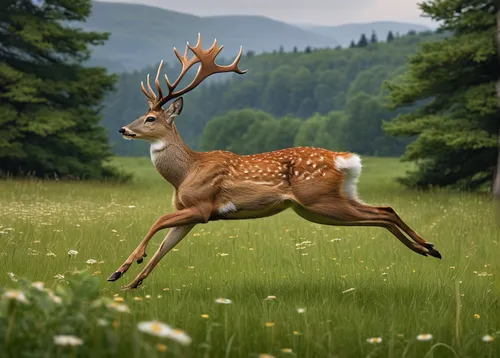 Craft a poem that captures the grace and elegance of a deer gracefully leaping through a meadow.,male deer,european deer,whitetail,white-tailed deer,whitetail buck,fallow deer,deers,pere davids male d