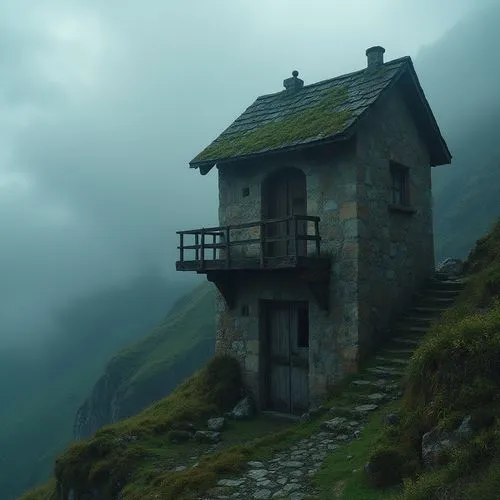 Rustic watchtower, weathered stone walls, moss-covered roofs, overgrown vegetation, abandoned architecture, eerie atmosphere, misty mountainside, dense fog, mystical lighting, low-key colors, cinemati