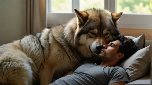 HOMBRE Y MASCOTA DURMIENDO TRANQUILAMENTE
,a person laying on a couch with their head next to a dog,wolf couple,wolstein,two wolves,lobo,wolfs,malamutes