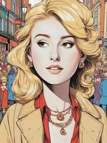 Beautiful blonde lady cartoon in 2D, drawn in the style of the Mr Benn BBC cartoon of 1970s, walking down Festive Road. Colour.,ann,namorita,laureline,siryn,rahne,dazzler,namora,madelyne,palmiotti,riv