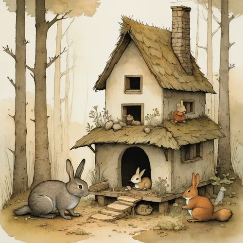 fox and hare,woodland animals,rabbit family,peter rabbit,rabbits and hares,whimsical animals,kate greenaway,children's fairy tale,witch's house,rabbits,book illustration,domestic rabbit,country cottage,hare trail,little house,piglet barn,houses clipart,cottage,forest animals,digiscrap,Illustration,Paper based,Paper Based 29