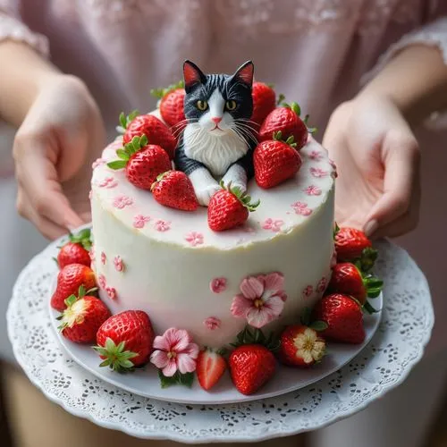 A pair of hands is holding a beautifully decorated small strawberry cake, adorned with [hibiscus] and a [cat] figure,strawberries cake,frog cake,sweetheart cake,cassata,strawberrycake,fondant,cake dec