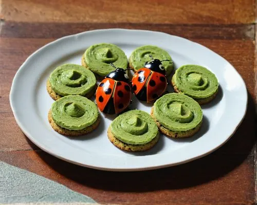 A group of ladybugs eating a plate of avocado flavoured cookies,fiddleheads,pea puree,fiddlehead,wheatgrass,canapes,garnishes,canape,green paprika,cress bread,halloween cookies,wheat grass,escargot,fr