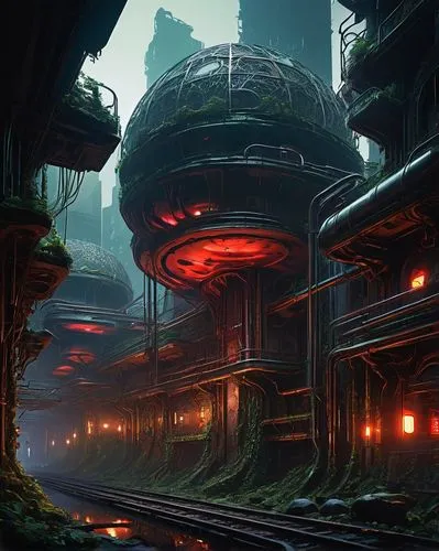 Futuristic parasitic architecture, cyberpunk cityscape, neon lights reflecting off metallic surfaces, intricate networks of pipes and wires, organic forms merging with industrial structures, vines cra