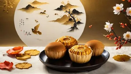 two buns on a plate and two oranges near a vase,mid-autumn festival,mooncake festival,zongzi,mooncakes,autumn decoration,seasonal autumn decoration