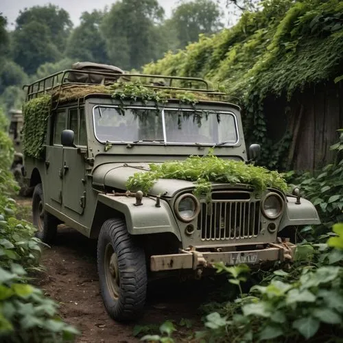 An overgrown German Bundeswehr DKW Geländewagen, military jeep in faded grey nato-olive is standig derielit on a military scrap yard totally overgrown with efeu, schlingpflanzen und unkraut.,military 