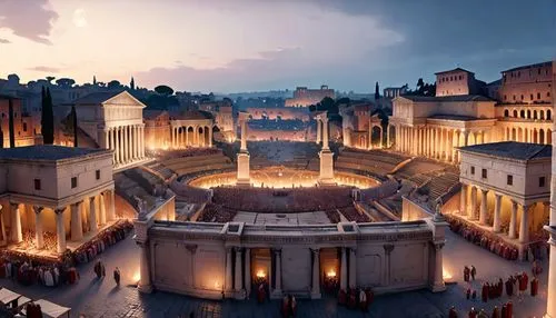 a town square with statues and many lights at night,rome 2,ancient rome,colloseum,italy colosseum,rome night,rome at night,Anime,Anime,General